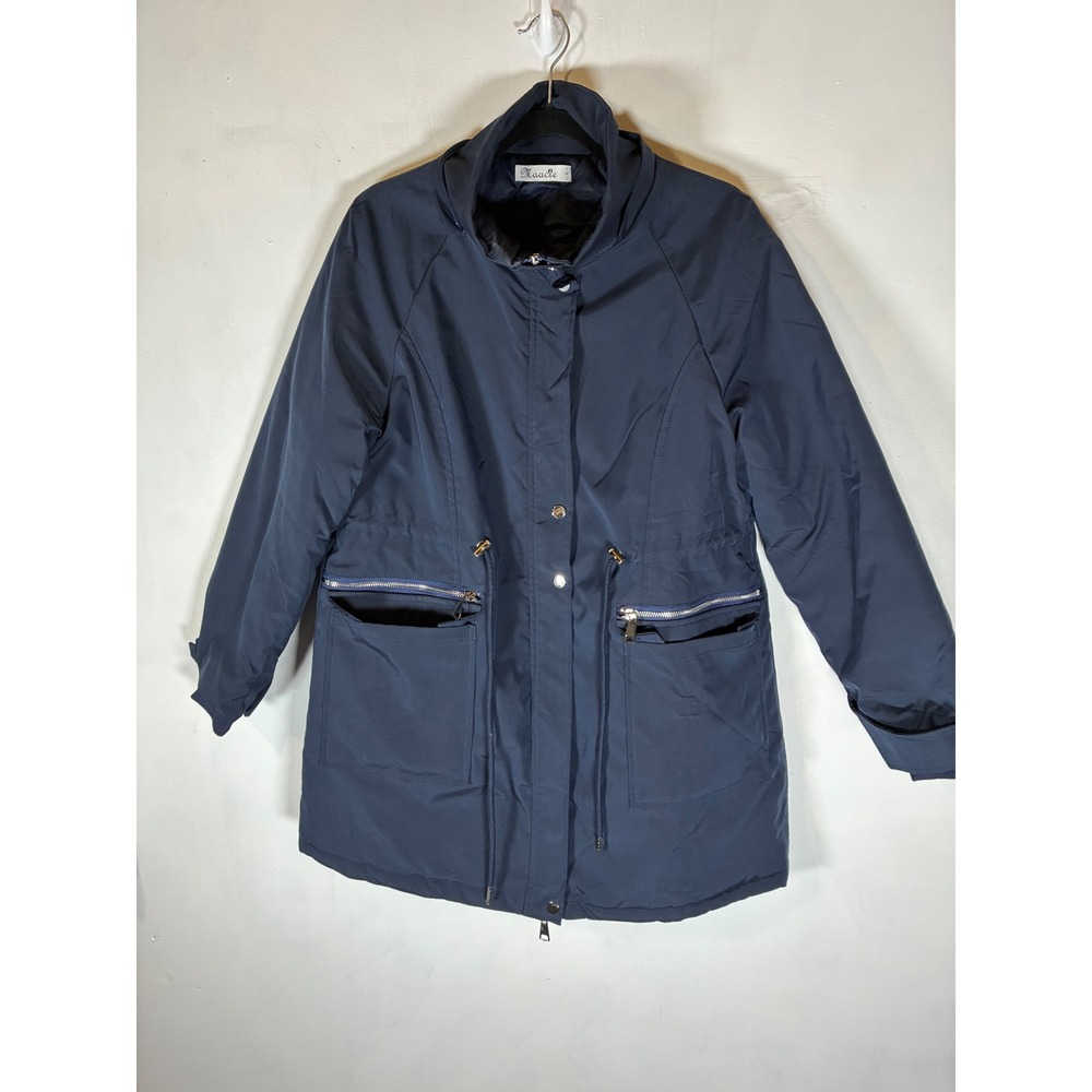 Maacie Women's Small Navy Quilted Mid Length Parka Coat Cinch Waist Missing Hood